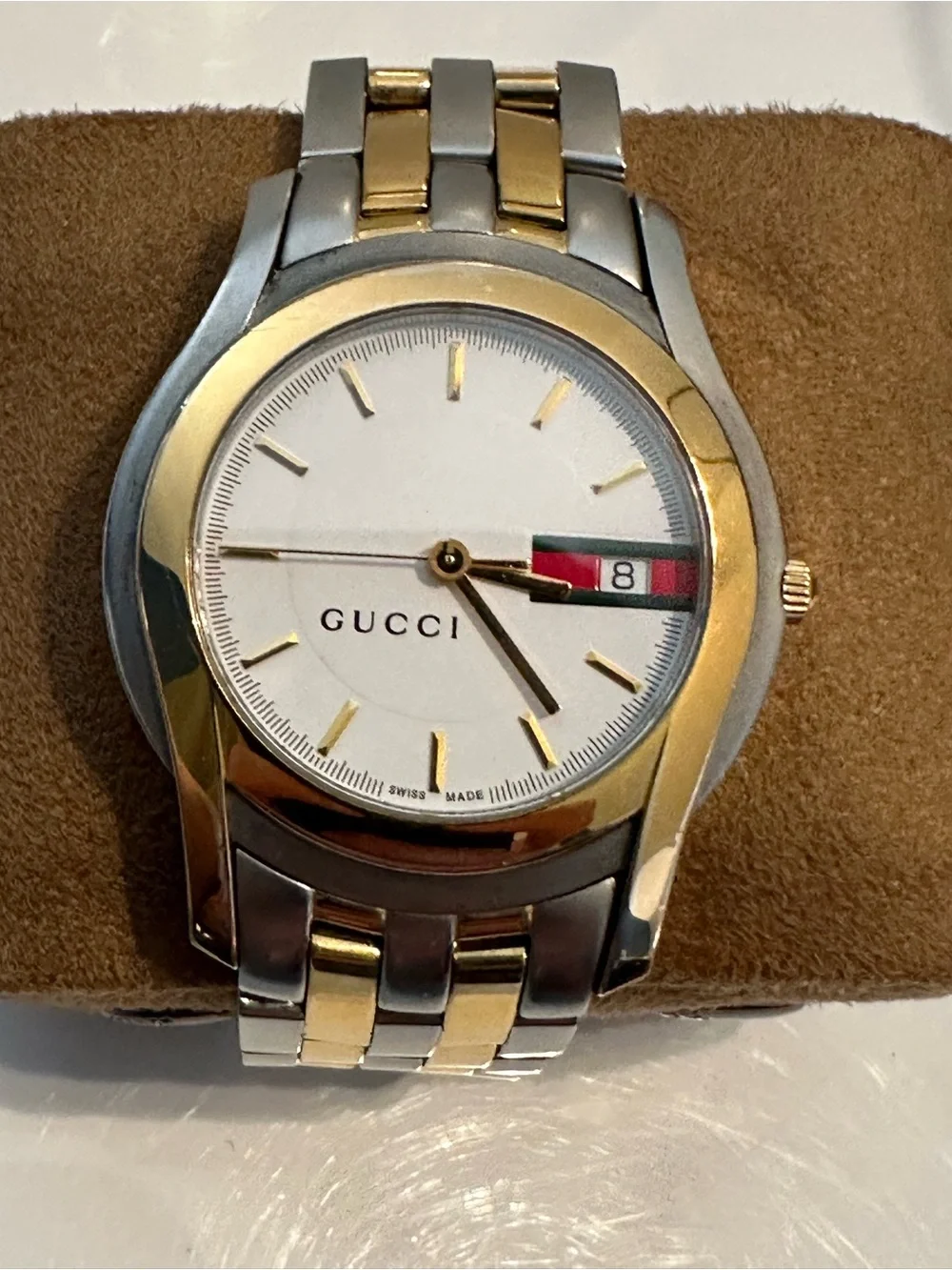 Vintage Gucci 5500M Two Tone Web Stripe Date Swiss Watch New Battery